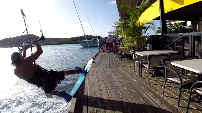 Kiteboarder Kicking Off Saba Rock Restaurant