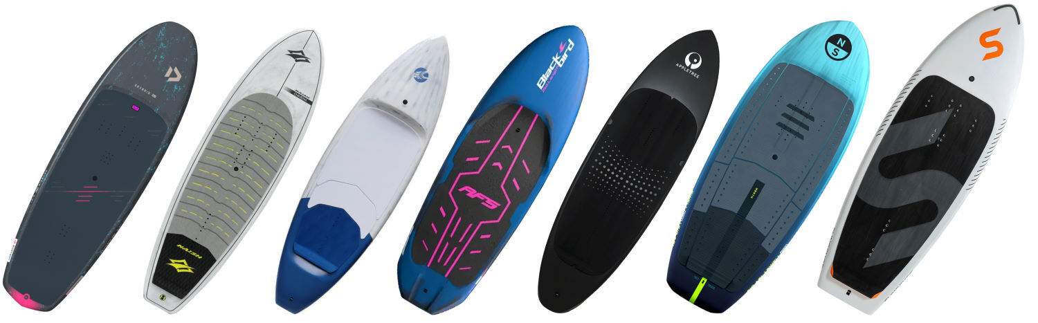 Seven examples of mid-length foilboards.
