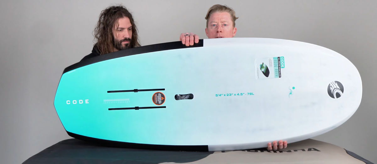 Tucker and Jeff look at the bottom of the Code foilboard.