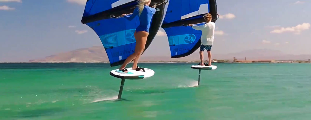 Two wing foilers ride the Code foilboard.