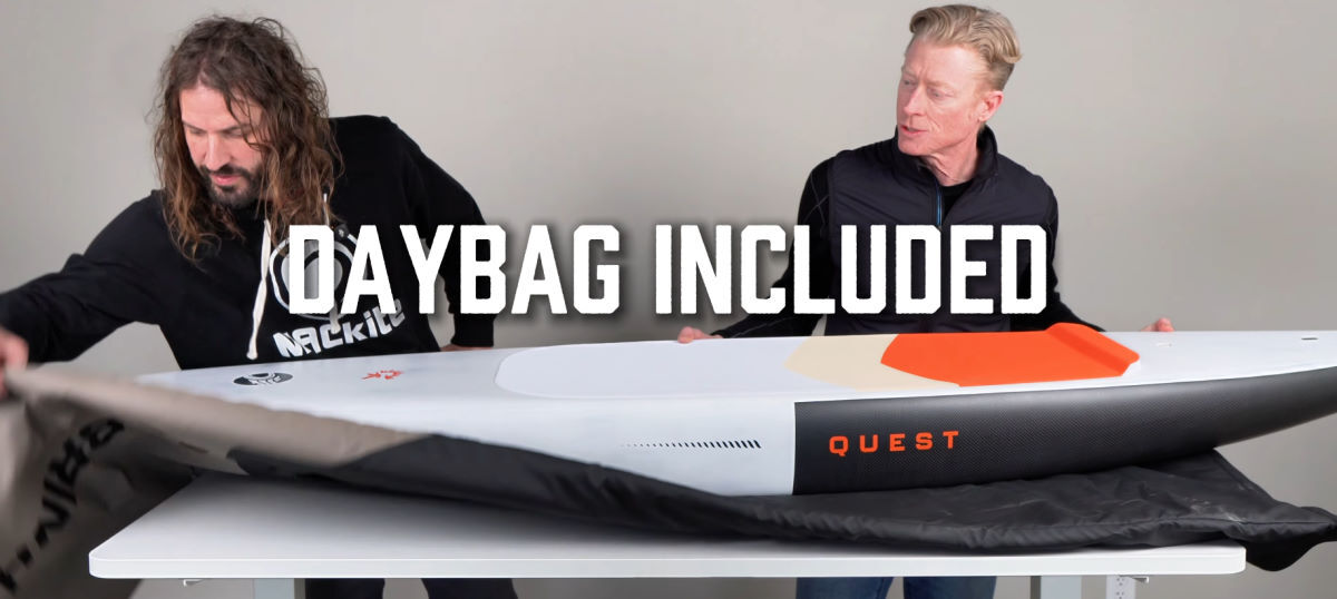 Tucker looks at the daybag that comes with the Cabrinha Quest downwind foilboard.