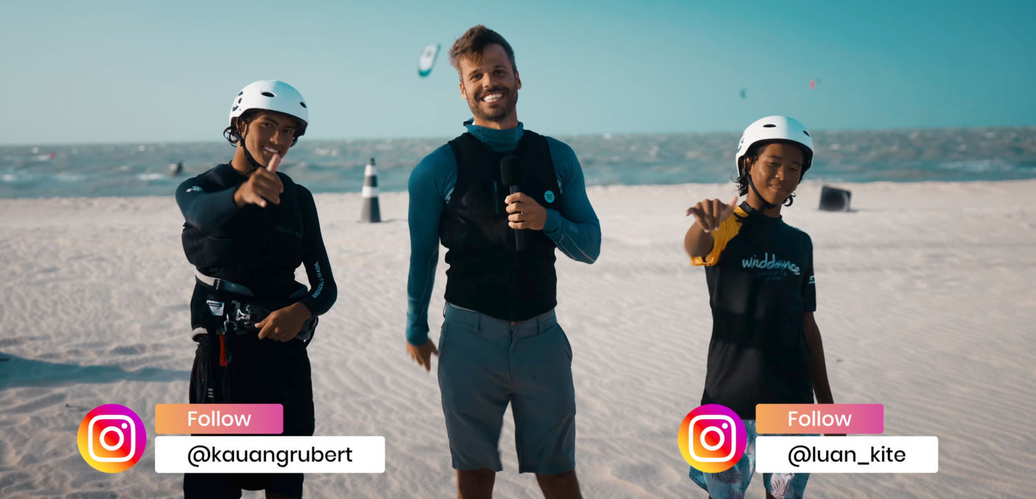 After getting off the water with these kites, the stoke is real! Kauan and Luan stand beside Rubens on the beach.