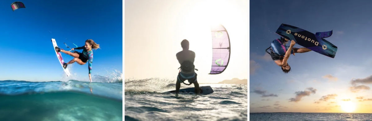 Three side-by-side images showing kiteboarders on various twintips.