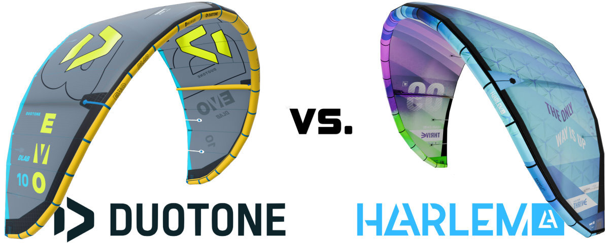 The Duotone Evo D/LAB and Harlem Thrive kites are similar, yet correspondingly different. side view of the Duotone Evo D/LAB and Harlem Thrive kites