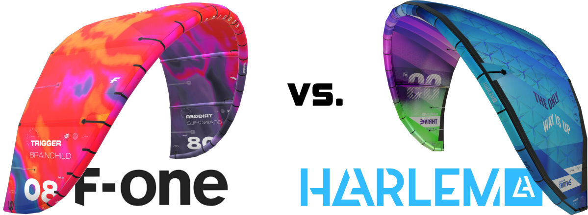 An F-One Trigger and Harlem Thrive kite side-by-side.