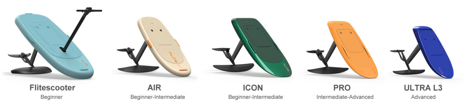 No matter your eFoil goals, there is a Fliteboard for you. The Fliteboard lineup, including the beginner Flitescooter, AIR and ICON, and the advanced PRO and ULTRA L3 models.