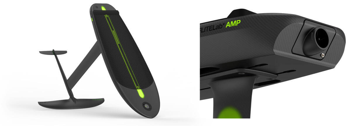 An image of a fully assembled AMPJet board and foil with a close-up of the jet nozzle.