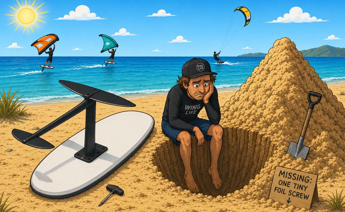 A foiler sits on the edge of a deep hole he dug looking for a dropped screw, looking sad while his buddies are already out riding in the background.
