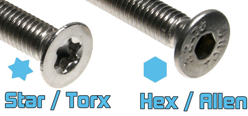 Samples of star and hex drive screw heads.