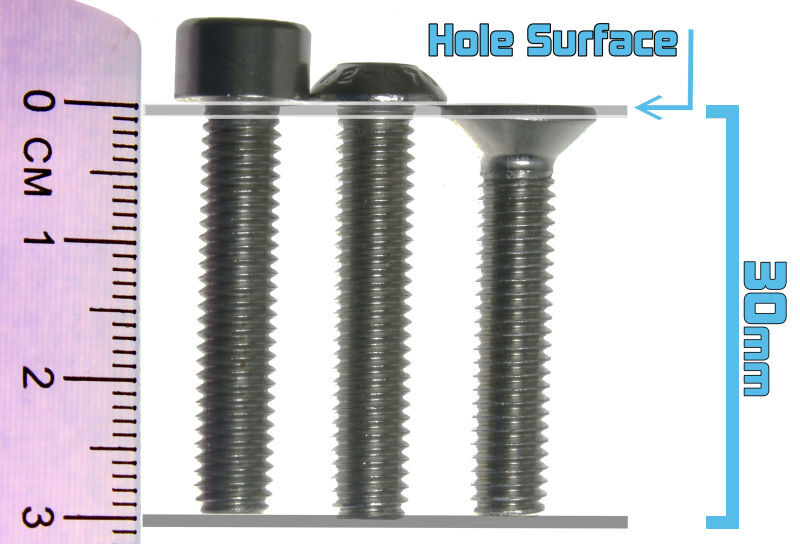 Three screws sit side-by-side, showing that the part that goes into the hole measures 30mm on each.