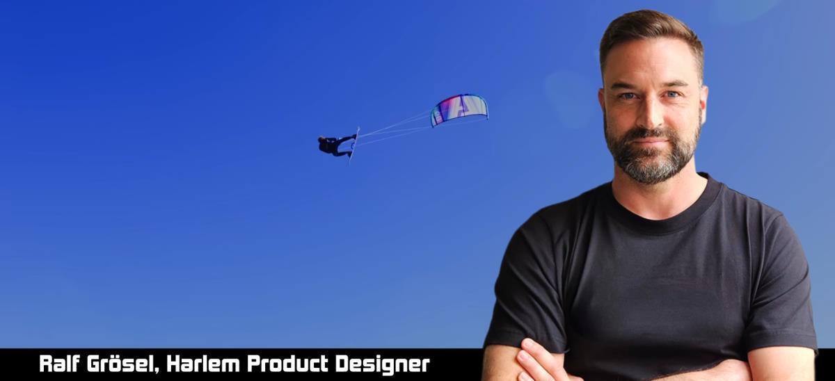 Designer Ralf Groesel is superimposed over an image of a kiteboarder jumping.