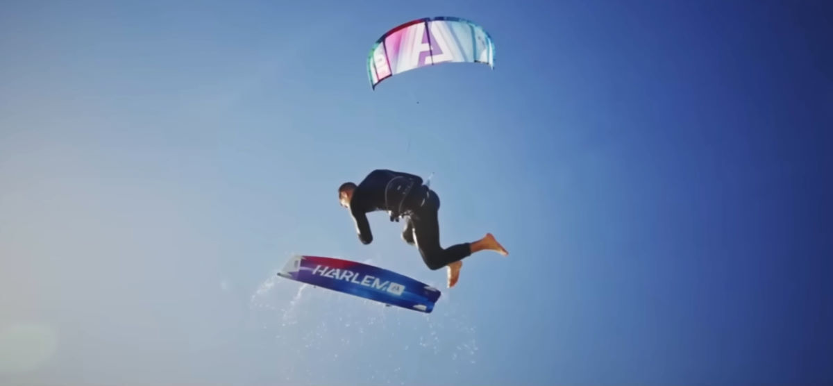 Aaron's not even close to done with kiteboarding yet. Aaron does a frick with his Harlem kite.