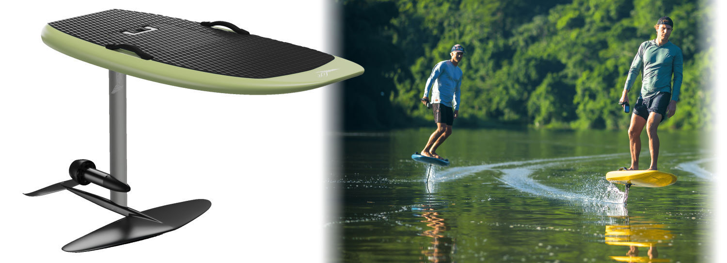 The Lift5 F is for anyone who wants to fly. Product image and action shot of the Lift5 F eFoil