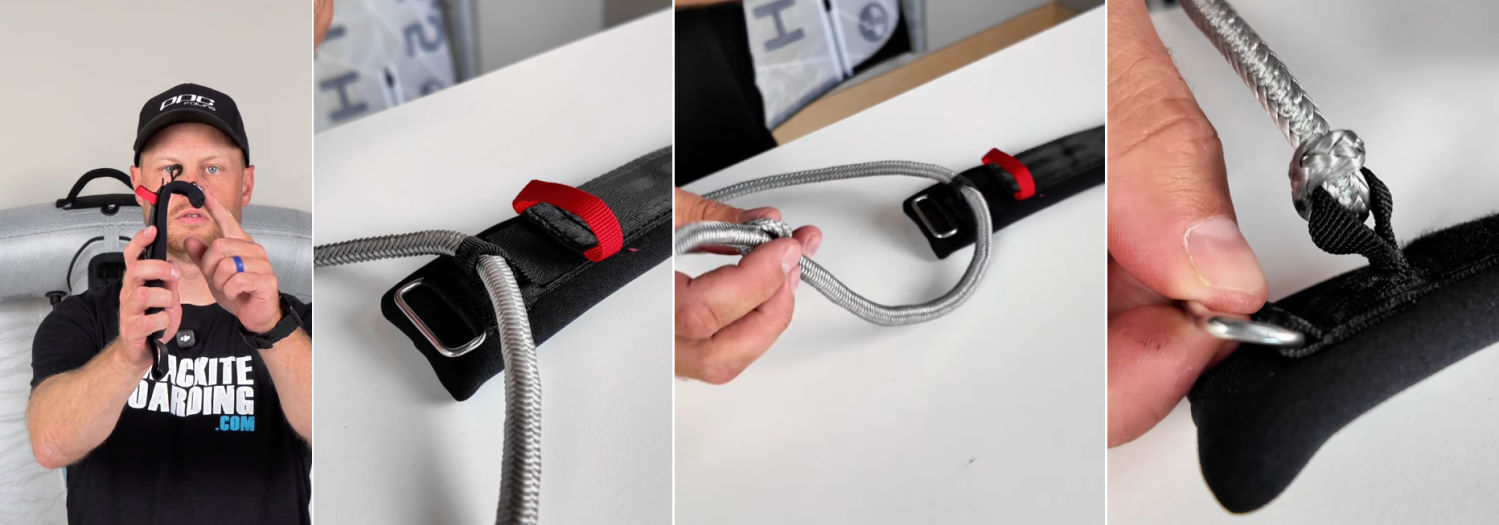 Slide the leash through the small loop on the cuff, then slide the other end of the leash through the loop at the cuff end of the leash. Series of steps to attach the cuff to the leash.