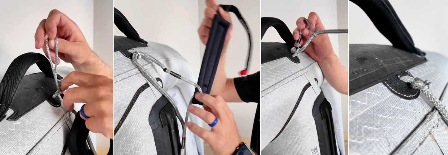 Slide the large loop through the leash attachment point so you can fit the cuff through. Series of steps to attach the leash to the wing.