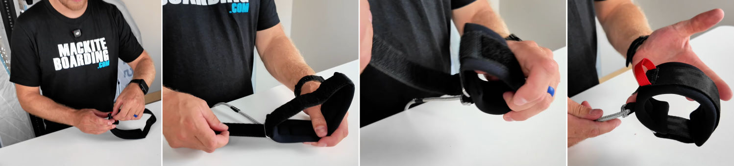 The cuff is adjustable enough for smaller wrists to larger wrists in a wetsuit. Ryan demonstrates how to assemble the wrist cuff.