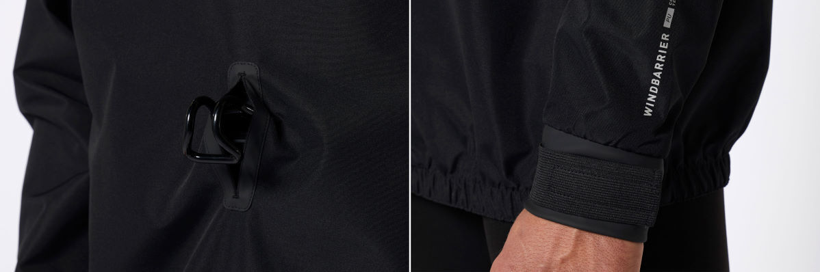 Close-up of the harness hole and the wrist seals on the Gust windbreaker.