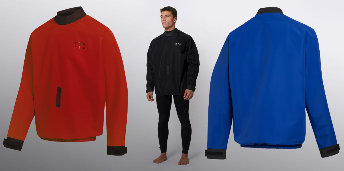 A model wears the black Mystic Gust, while the red and blue colorways are displayed to the sides.