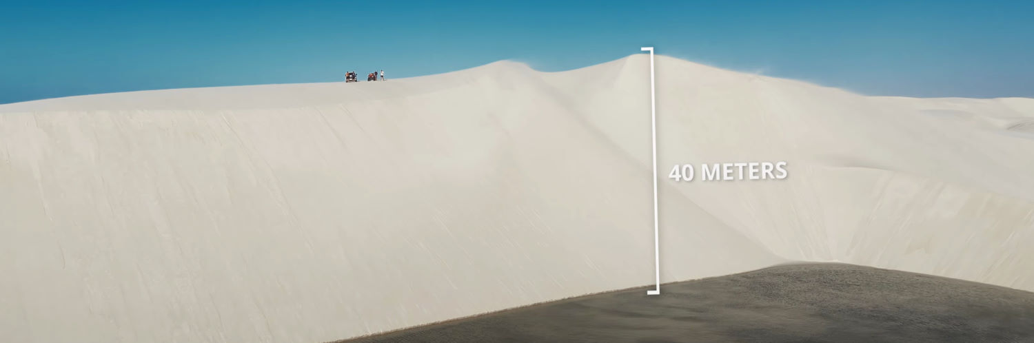 The guys look like ants atop the massive 40-meter (130ft) dune. The guys look tiny on top of the massive 40-meter dune.