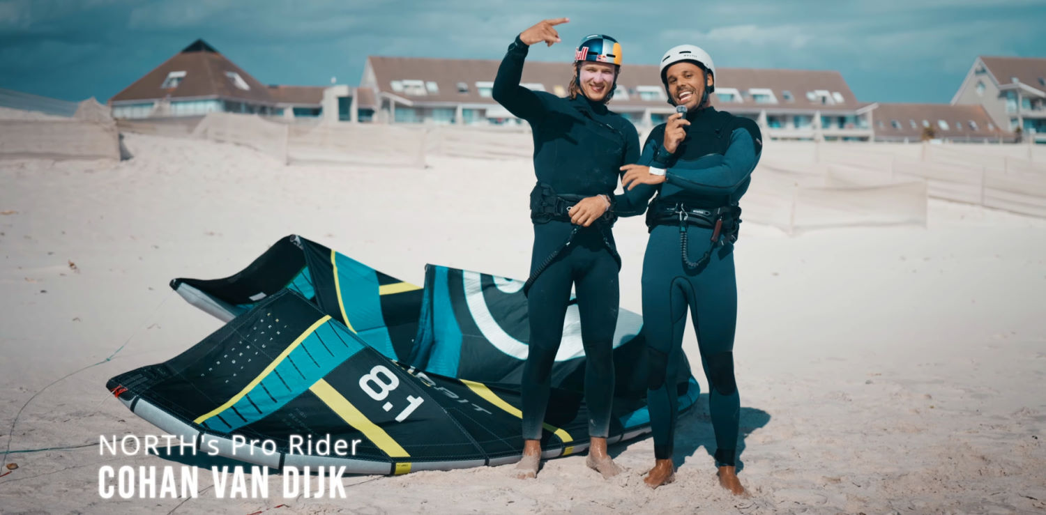 Will the 2027 North Orbit Ultra live up to the stoke? Rubens and Cohan van Dijk stand on the beach in front of the 2027 North Orbit Ultra kite.
