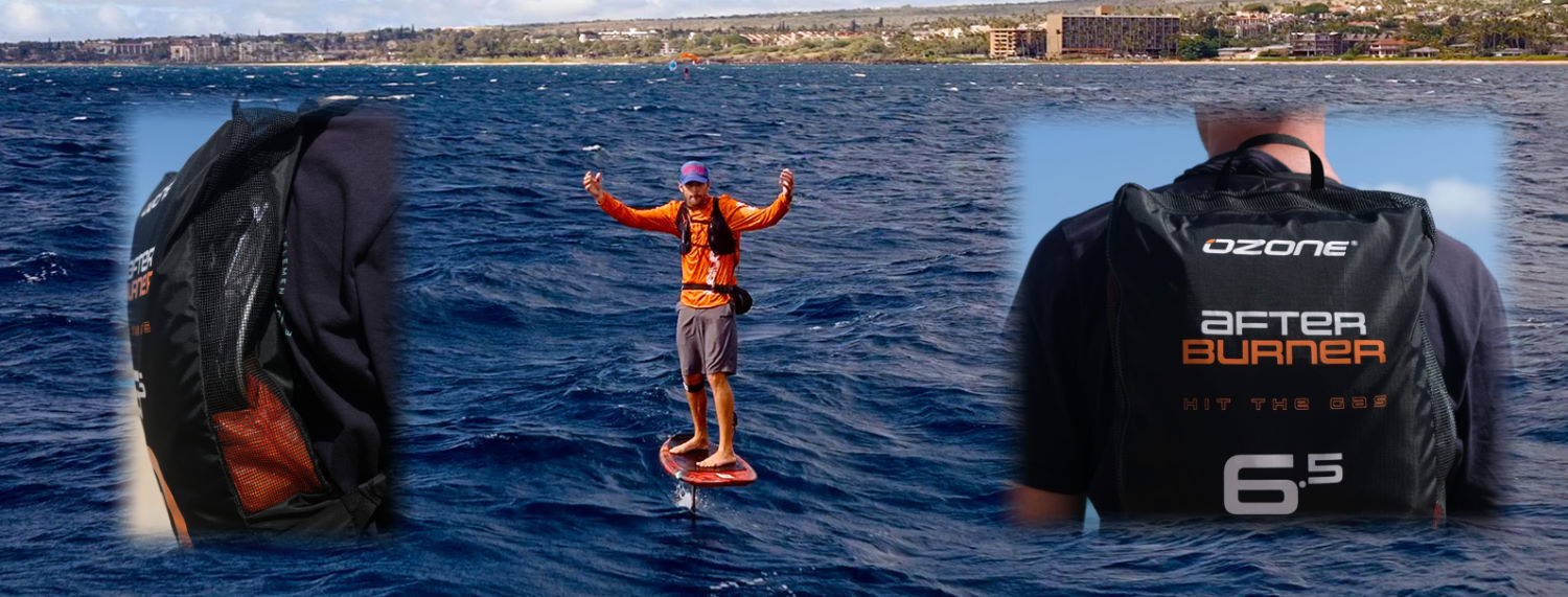 The Afterburner's bag doubles as a downwind pack. Different angles showing the Afterburner's bag and its chest straps and venting.