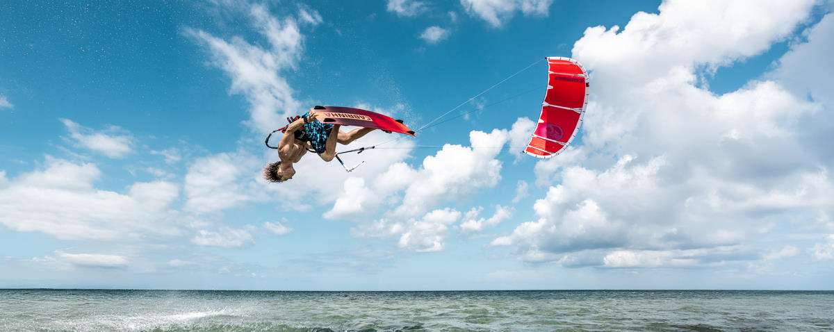 A kiteboarder does a freestyle trick with the Cabrinha Switchblade.