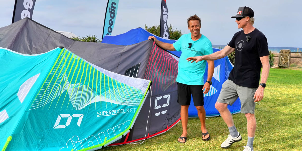 So durable, it can even withstand Kevin's iron grip! Kevin grabs a strut on a kite as it rests on the ground.