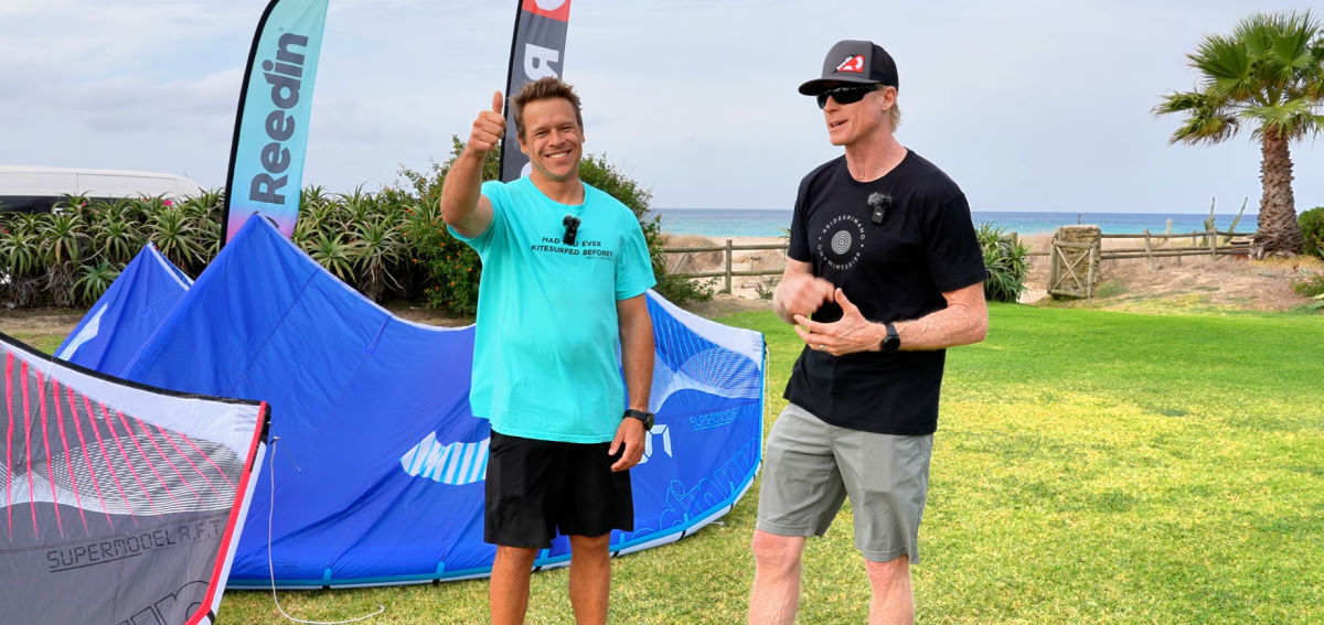 Kevin Langeree of Reeding gives a thumbs-up as he stands in front of his new kites.