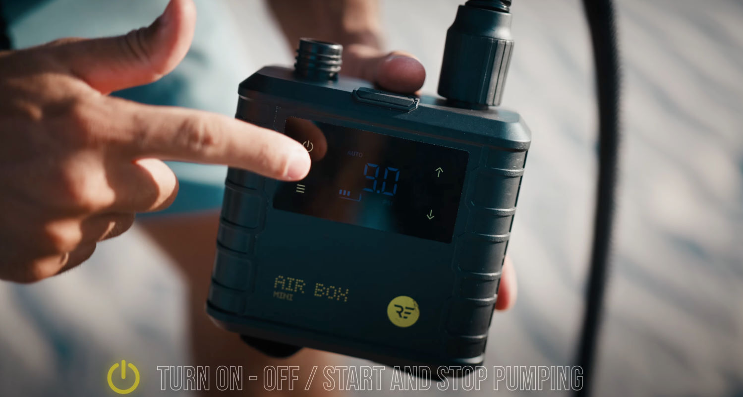 The Air Box Mini is set-it-and-forget-it pumping convenience. Rubens adjusts the pump to 9 PSI and presses start.