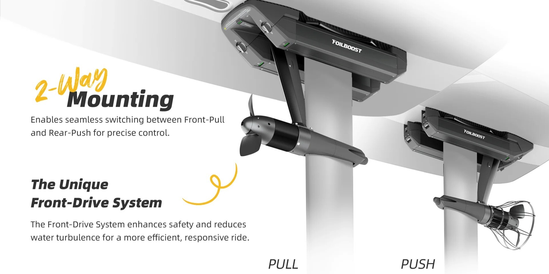 Front and rear propeller configurations on the Foil Boost