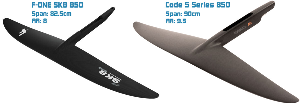 The SK8 and S Series are both surf wings, but ride differently. F-One SK8 and Code S Series front foil wings with specs